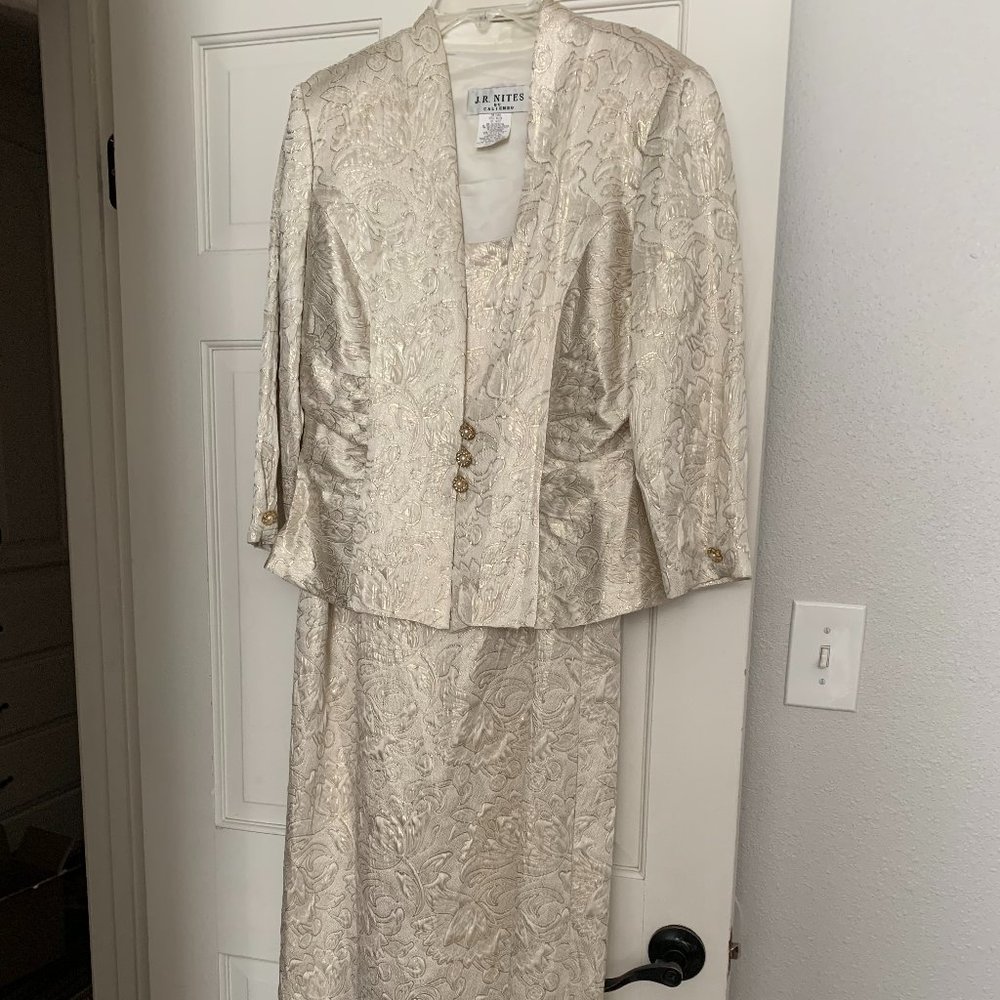 J.R. Nites long gold sequence dress